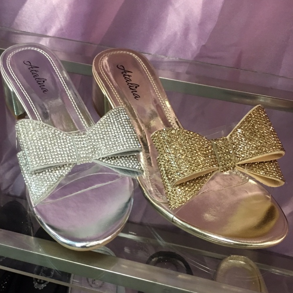 1 left! Italina Silver Bow Rhinestone Mule Heel 7 - Picture 4 of 8